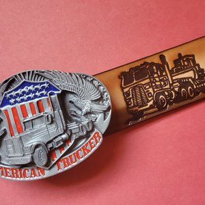 COPY - 18 Wheeler Trucking Top Grain Cowhide Genuine Leather Belt & Truck Buckl…
